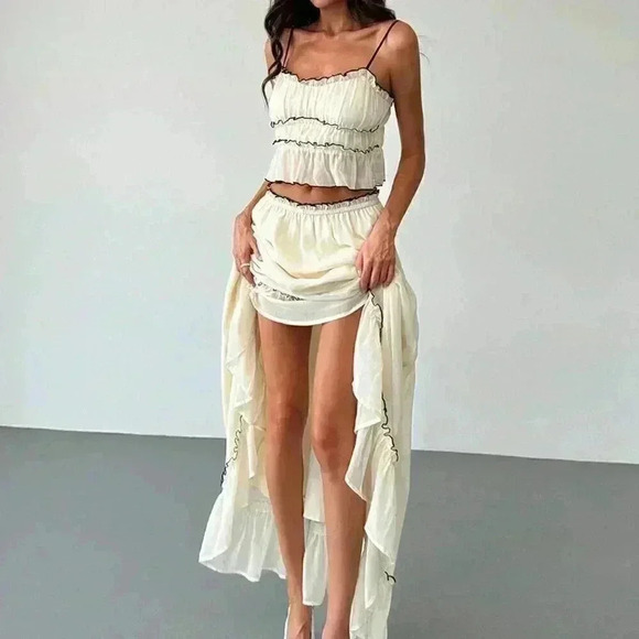 Apricot Casual Women's Vacation Contrast Trim Layered Camisole Top & Skirt - Picture 8 of 9